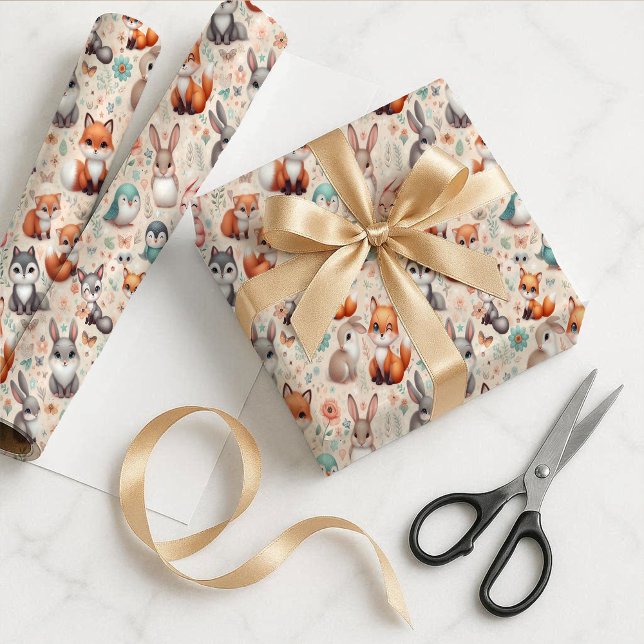 Papel de Presente Aquarela de Raposa da Floresta B (Woodland Fox Bunny Watercolor Boho Gift Wrap Paper)