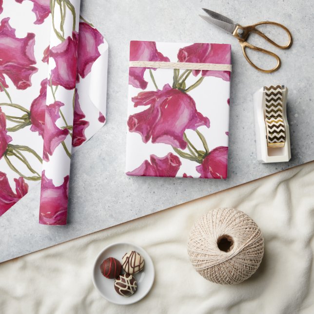 Papel De Presente Aquarela de Rosa Rosa Mão-pintada (Artesanato)