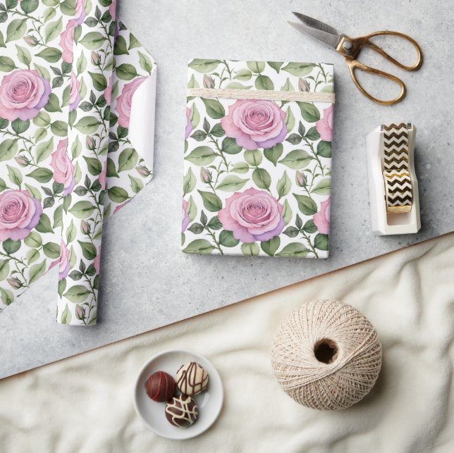 Papel De Presente Aquarela de Rosas Rosa e Lavanda (Artesanato)