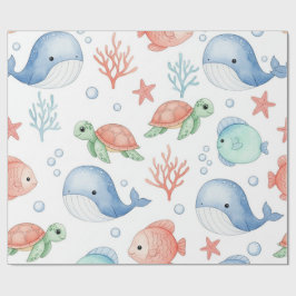 Papel De Presente Aquarela Debaixo do Mar Animais Marinhos Fofos