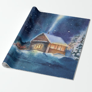 Papel De Presente Aquarela desenhada à mão Paisagem de inverno