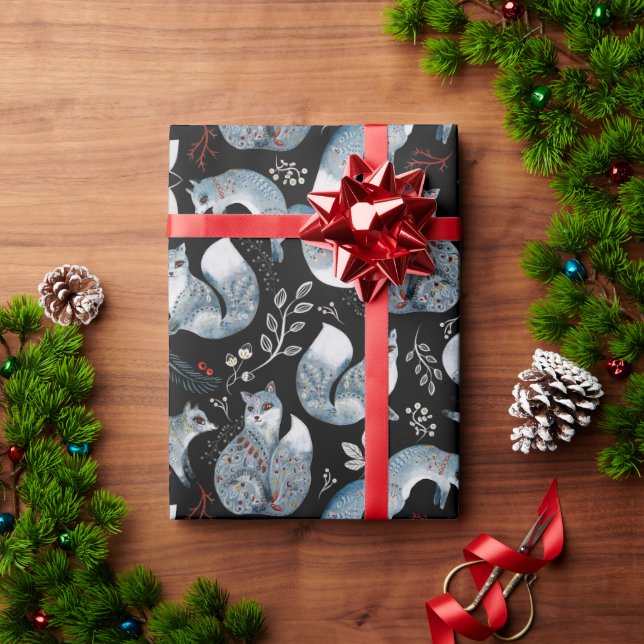Papel De Presente Aquarela Escanidnaviano Raposa Nórdica em Preto (Presente de Natal)