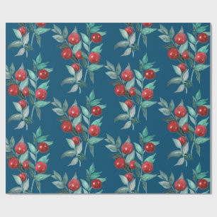 Papel De Presente Aquarela Festiva Natal Vermelho Berries Escuro Azu