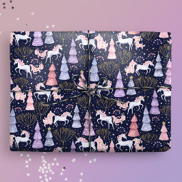 Papel De Presente Aquarela Festiva Unicórnio De Natal