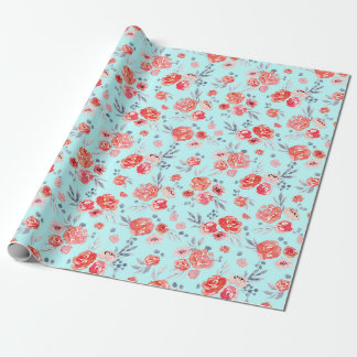 Papel De Presente Aquarela Flor de Pêssego em Azul Céu