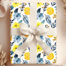 Aquarela Flor Floral Boho Amarelo Azul-Marinho