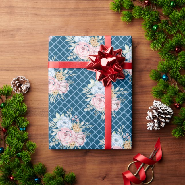 Papel De Presente Aquarela Flor Rosa e Azul com Xadrez Azul (Presente de Natal)