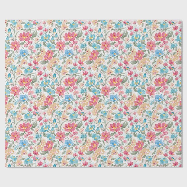 Papel De Presente Aquarela Florais em Rosa e Azul (Aberto)