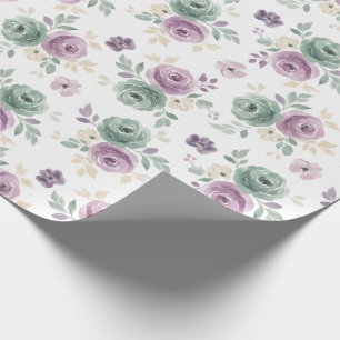 Papel De Presente Aquarela Floral Abstrata Verde-azulado Malva Bege