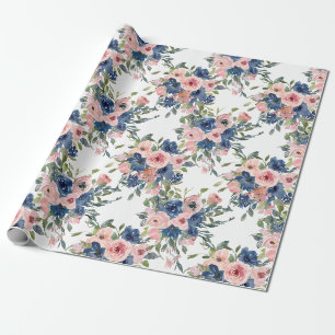 Papel De Presente Aquarela Floral Azul Marinho e Rosa