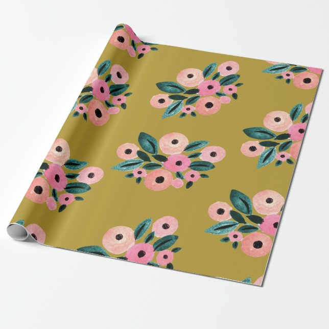 Papel De Presente Aquarela Floral Azul-verde, Rosa e Dourado (Desenrolado)
