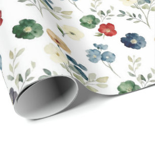 Papel De Presente Aquarela Floral Azul Verde Vermelho 