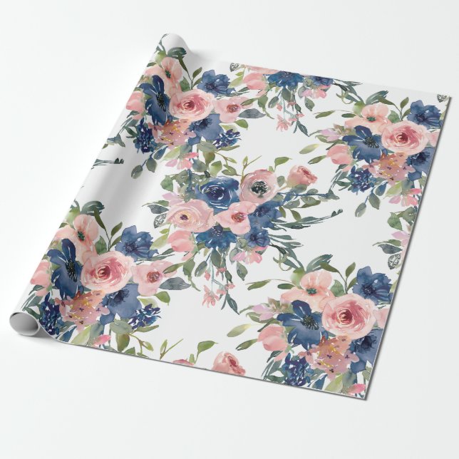Papel De Presente Aquarela floral em azul marinho e rosa (Desenrolado)