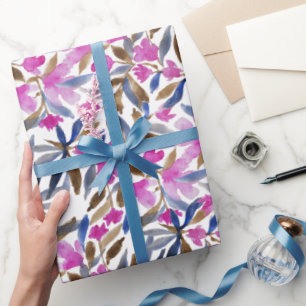 Papel De Presente Aquarela Floral em Azul Veneziano Cedro Rosa