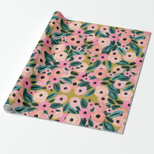 Papel De Presente Aquarela Floral em Verde-Azul, Rosa e Dourado