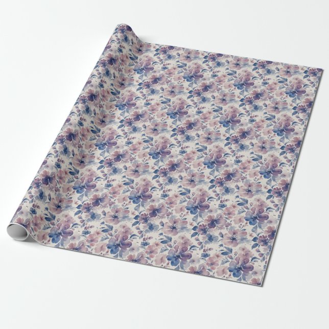 Papel De Presente Aquarela Floral Flores Azuis (Desenrolado)