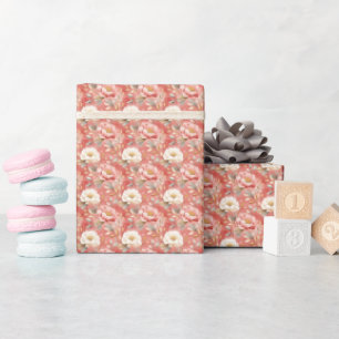 Papel De Presente Aquarela Floral Rosa e Marfim