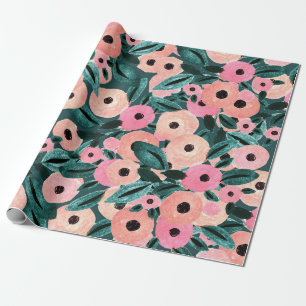 Papel De Presente Aquarela Floral Rosa e Verde Água