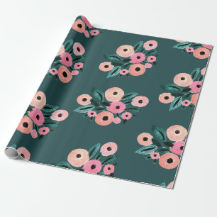 Papel De Presente Aquarela Floral Rosa e Verde Água