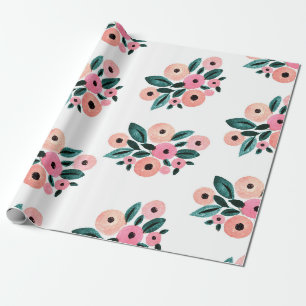 Papel De Presente Aquarela Floral Rosa e Verde Água