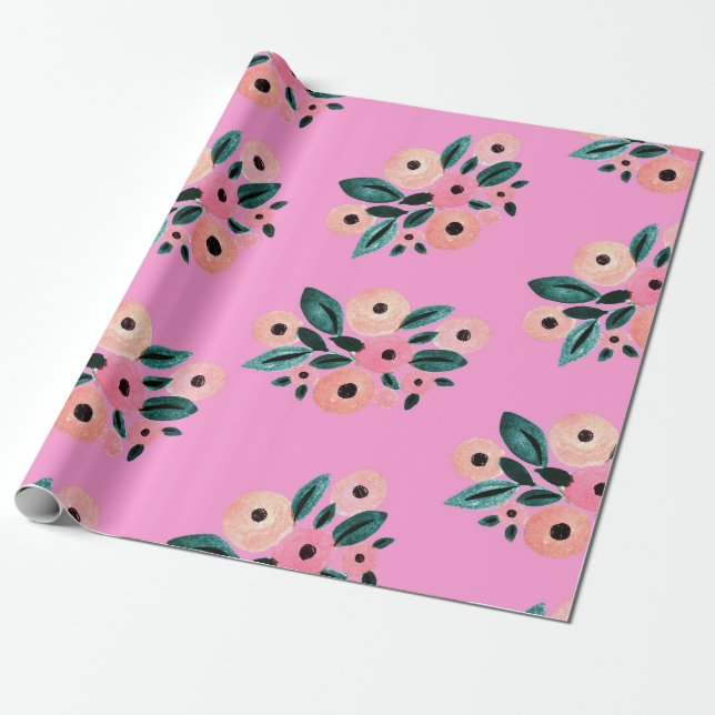 Papel De Presente Aquarela Floral Rosa e Verde Água (Desenrolado)