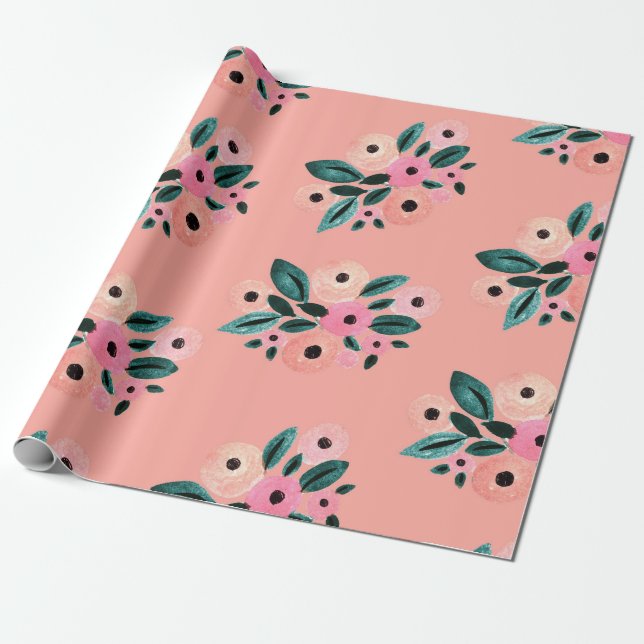 Papel De Presente Aquarela Floral Verde-azulado e Rosa (Desenrolado)