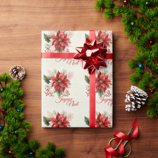 Papel De Presente Aquarela Floral Vintage Vermelha Poinsettia Natal