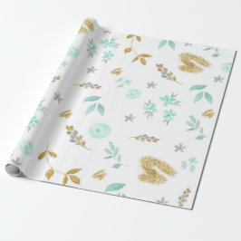 Papel De Presente Aquarela Flores Macias em Azul e Dourado
