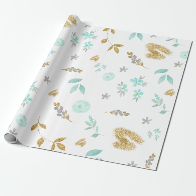 Papel De Presente Aquarela Flores Macias em Azul e Dourado (Desenrolado)