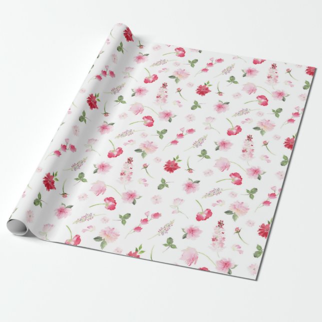 Papel De Presente Aquarela Flores Rosa Vermelho (Desenrolado)