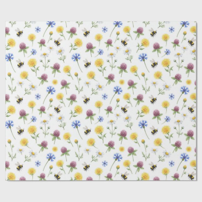 Papel De Presente Aquarela Flores Silvestres e Abelhas  (Aberto)