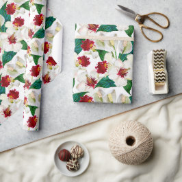 Papel De Presente Aquarela Flores Tropicais de Verão Vermelhas e Bra