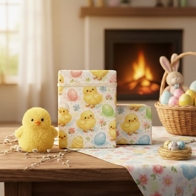 Papel De Presente Aquarela Frango Amarelo & Ovo de Páscoa (Watercolor Yellow Chick & Easter Egg Wrapping Paper)