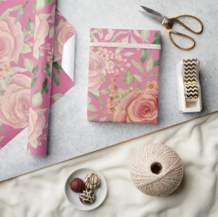 Papel De Presente Aquarela Laranja Doce Clara e Rosas Blush