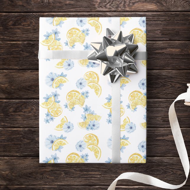 Papel De Presente Aquarela Limões Fatiados e Flores (Watercolor Lemon & Blue Flower Gift Wrap for Baby Shower, Birthday or Main Squeeze Bridal Shower)