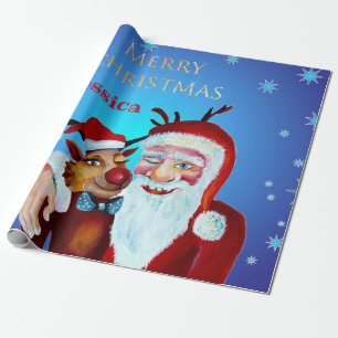 Papel De Presente Aquarela Magical Santa Claus Sorrindo Rudolph