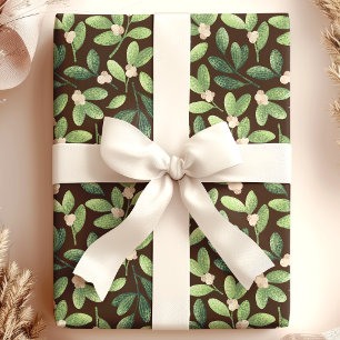 Papel De Presente Aquarela Mistletoe Floral Marrom Elegante Feriado