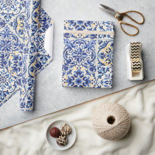 Papel De Presente Aquarela Moderna Mediterrâneo Azulejos Azuis