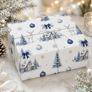 Papel De Presente Aquarela Natal Azul Prata Inverno Encantado