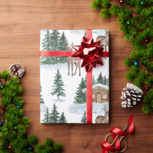 Papel De Presente Aquarela Natal Encantado Celeiro Rústico