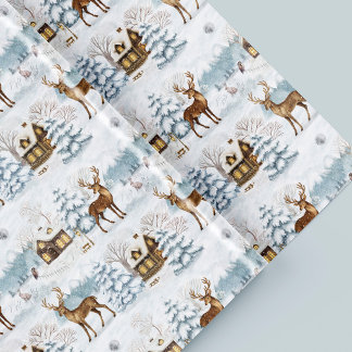 Papel De Presente Aquarela Natal Reno Aldeia Nevada Inverno