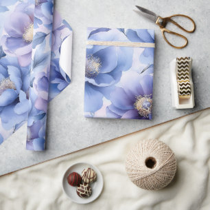 Papel De Presente Aquarela Pastel Blue e Purple Peony Floral