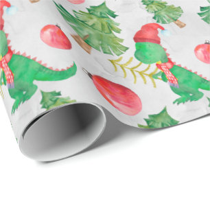 Papel De Presente Aquarela Pequeno Dinossauro Vestido no Natal