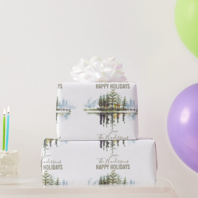 Papel De Presente Aquarela Personalizada Pine Verde Pine Natal (Presentes para festas)