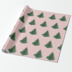Papel De Presente Aquarela Pinheiro Rosa Natal