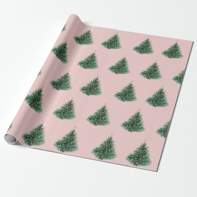 Papel De Presente Aquarela Pinheiro Rosa Natal (Desenrolado)