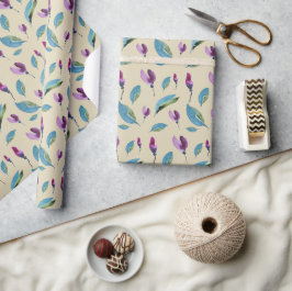 Papel De Presente Aquarela Pintada à Mão Floral Verde Roxo