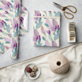 Papel De Presente Aquarela Pintada à Mão Floral Verde Roxo