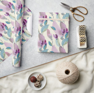 Papel De Presente Aquarela Pintada à Mão Floral Verde Roxo