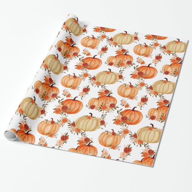 Papel De Presente Aquarela Pumpkin Laranja Rosas (Desenrolado)